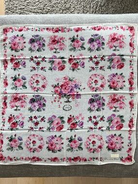 Vintage Christian Dior Floral Scarf Bandana Handkerchief Pink and White - NEW
